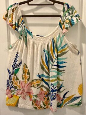 Soma Cool Nights Tropical Floral Smocked Ruffle Top Ivory Large
